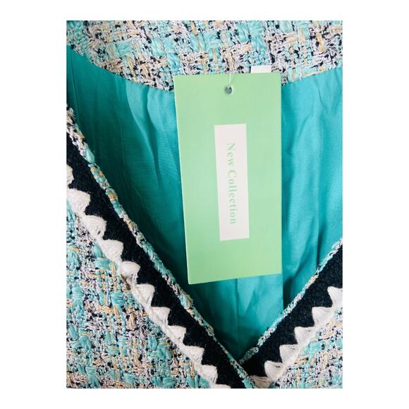 NWT LifeShe Tweed Jackie Button Up V Neck Short Sleeve Mini Dress Blue Lined L - Picture 8 of 14